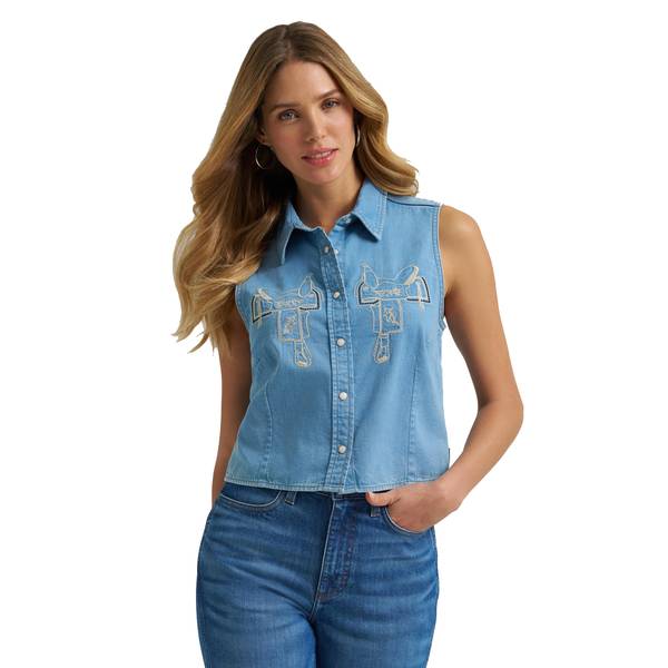 Photo of Women's Saddle Embroidered Denim Sleeveless Snap Shirt