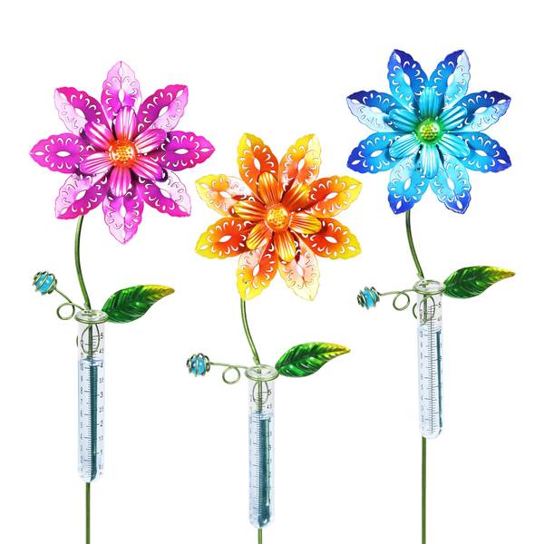 Photo of Metal Ombre Filigree Flower Rain Gauge Garden Stake Assortment