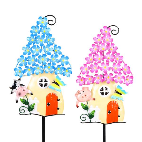 Photo of Solar Metal Flower Roof House Cow and Pig Garden Stakes Assortment