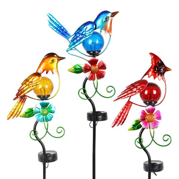 Photo of Solar Metal Birds Crackle Ball and Flower Garden Stakes Assortment