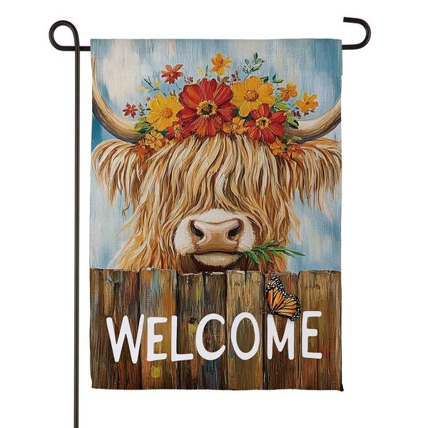 Photo of Summer Highland Cow Welcome Suede Garden Flag