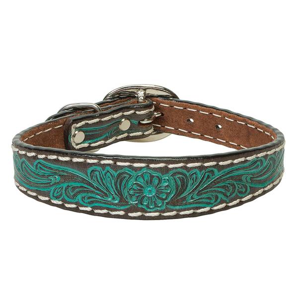 Photo of 3/4" x 17" Carved Turquoise Flower Dog Collar