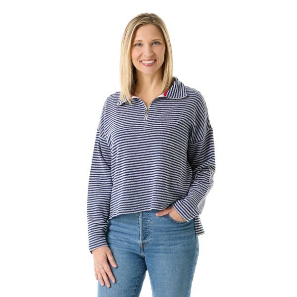 Photo of Women's Long Sleeve Half Zip Mock Neck Stripe Pullover Top