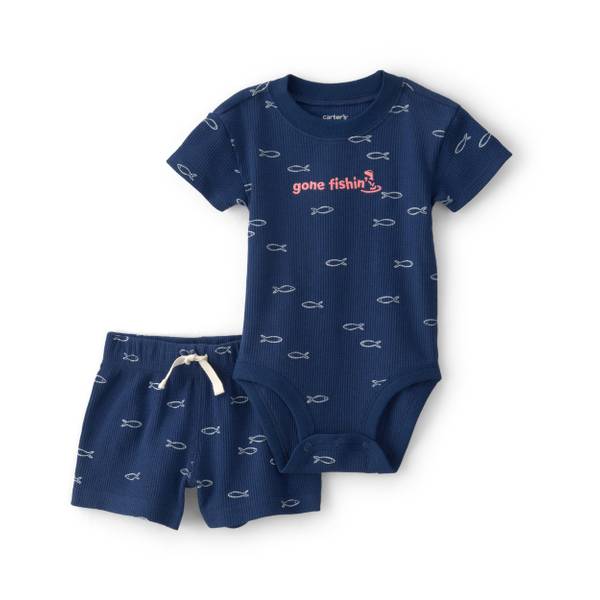 Photo of Infant Boys 2-Piece Fishing Herringbone Thermal Short-Sleeve Bodysuit Short Set