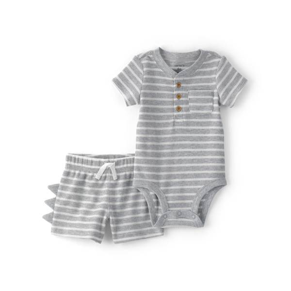 Photo of Infant Boy's 2-Piece Dino Spikes Striped Thermal Short-Sleeve Bodysuit Short Set