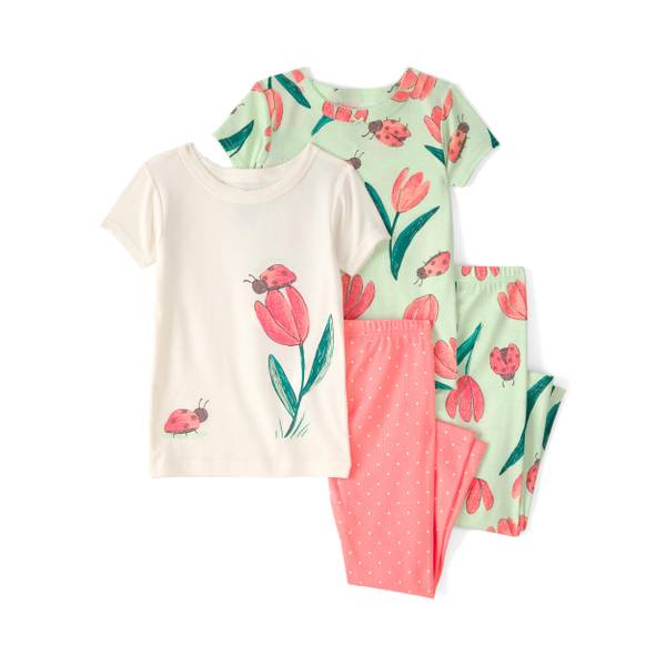 Photo of Infant Girls Ladybug Floral 100% Cotton Snug Fit 4-Piece Pajama Set