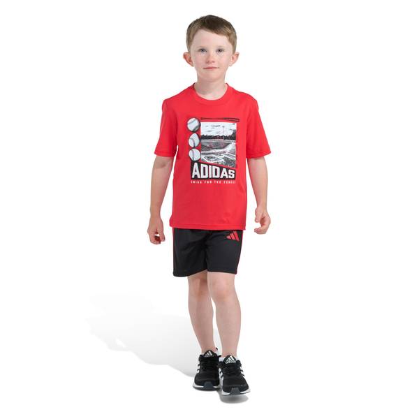 Photo of Boy's Two-Piece Short Sleeve Graphic Cotton Tee and 3-Stripe Short Set
