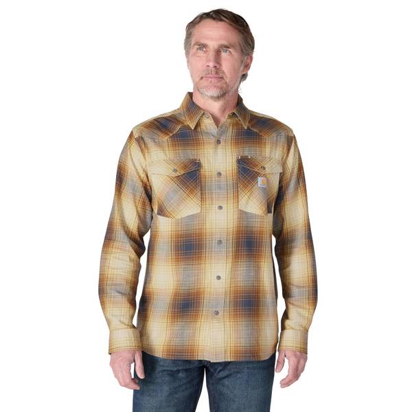 Carhartt Men's Montana Rugged Flex Relaxed Fit Lightweight Long-Sleeve Snap-Front Plaid Shirt | Sandstone | 2XL