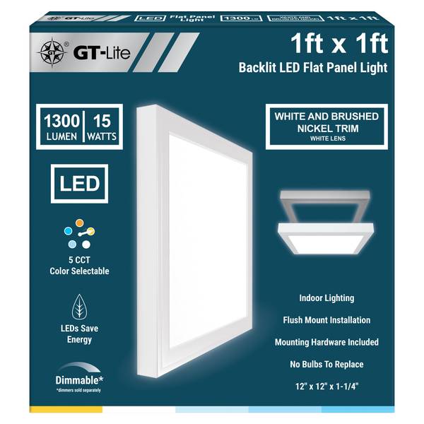 Photo of 1'x1' Square LED Flat Panel Light White Finish With Nickel Trim And 5 Selectable Color Temperatures