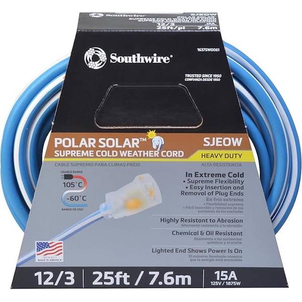 Photo of 25' 12/3 Polar Solar Supreme Blue/White Outdoor Heavy-Duty Cold Weather Extension Cord