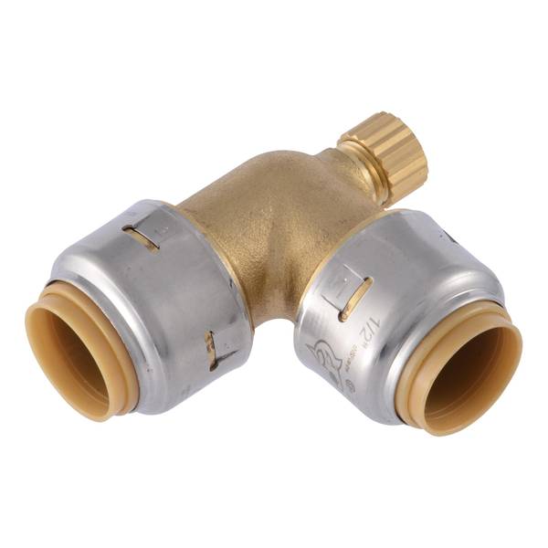Pipe Elbow with Drain/Vent, 1/2 in Push-to-Connect, 90 deg Angle, DZR Brass, 200 psi Pressure