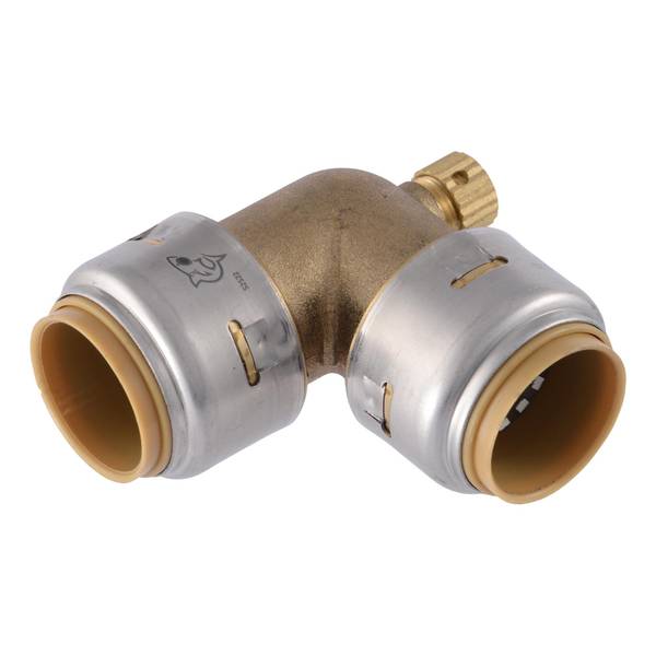 Pipe Elbow with Drain/Vent, 3/4 in Push-to-Connect, 90 deg Angle, DZR Brass, 200 psi Pressure