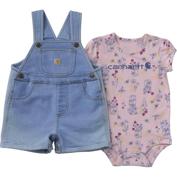 Photo of Infant Girl's 2-Piece Short Sleeve Bee Print Bodysuit Denim Shortall Set