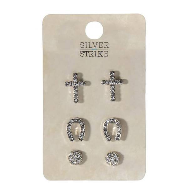 Photo of Women's Earrings 3 Pair Set - Crosses, Horseshoes and Studs