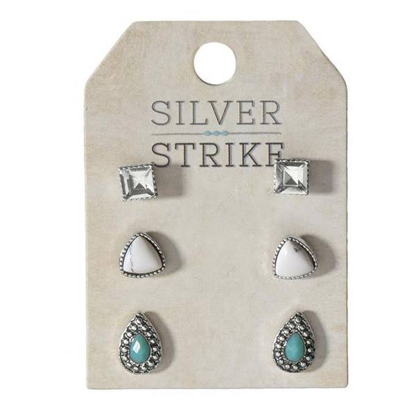 Photo of Women's Earrings 3 Pair Set - Crystal Studs, White Triangles and Tear Drops