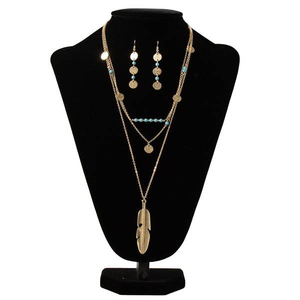 Photo of Women's Gold Feather Necklace with Dangle Earrings Set