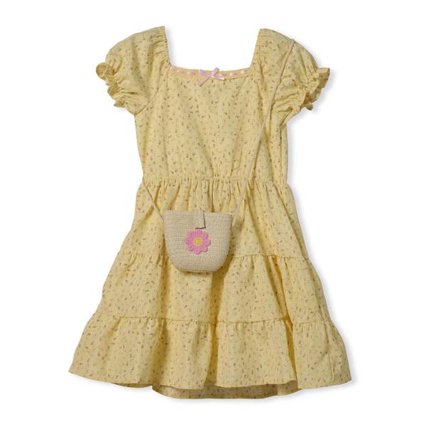 Photo of Girls Short Sleeve Woven Dress with Straw Purse
