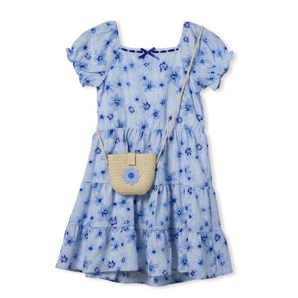 Photo of Girls Short Sleeve Woven Dress with Straw Purse