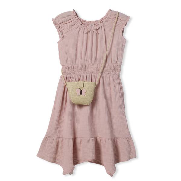 Photo of Girls' Shark Hem Woven Dress and Straw Purse Set