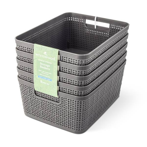Photo of 5-Pack Small Wheat Straw Baskets - Charcoal