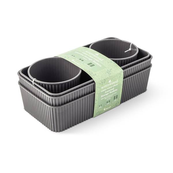 Photo of 6-Piece Ribbed Wheat Straw Baskets - Charcoal