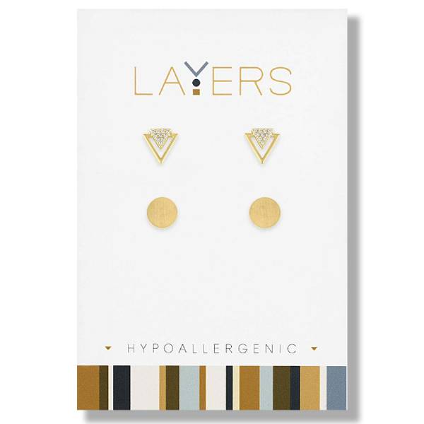 Photo of Gold CZ Triangle and Round Double Pair Earrings