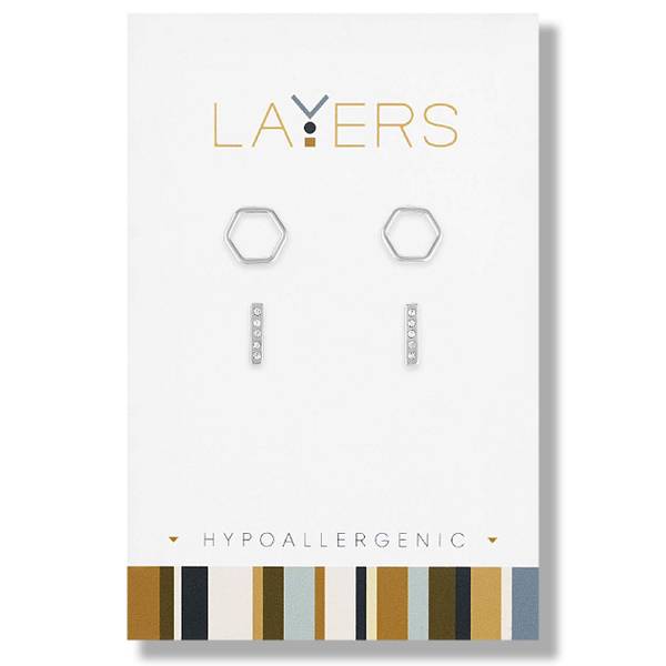 Photo of Silver Hexagon and CZ Bar Duo Pair Stud Earrings