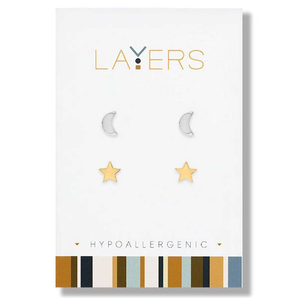 Photo of Silver Moon and Gold Star Duo Pair Stud Earrings