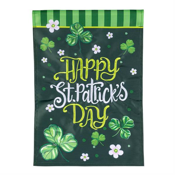 Photo of Happy St. Patrick's Day Shamrocks Applique Garden Flag