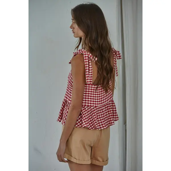 By Together Women's Gingham Print Square Neck Peplum Top - L9370