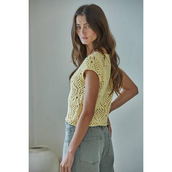 By Together Women's Knit Crochet V-Neck Top - W2030-Butter Ylw-S
