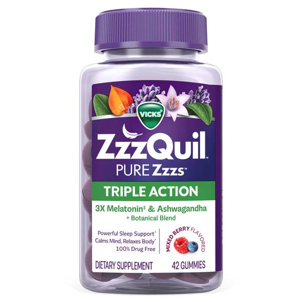 Photo of ZzzQuil PURE Zzzs Triple Action, Sleep Aid, Melatonin Gummies, Melatonin 6mg, with Ashwagandha, 42