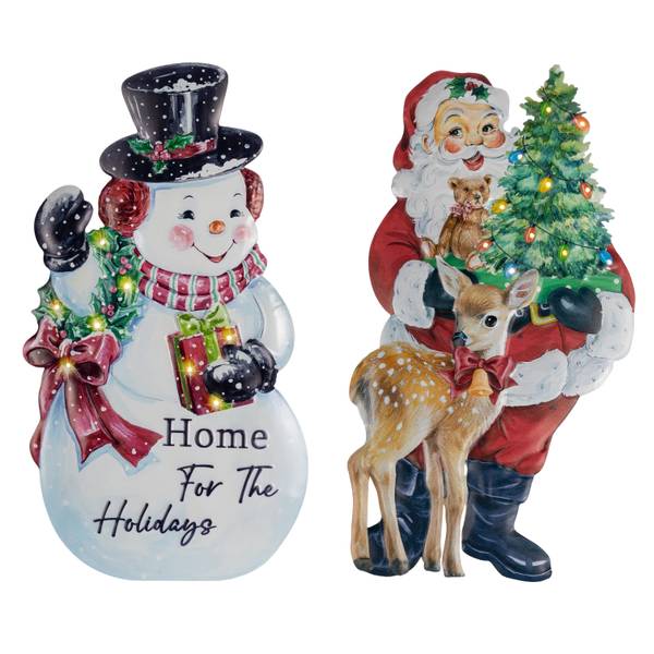 Gerson Lighted Vintage Metal Santa & Christmas Snowman with Easel