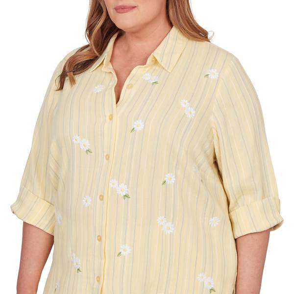 Alfred Dunner Women's Embroidered Daisy Stripes Button Front Top