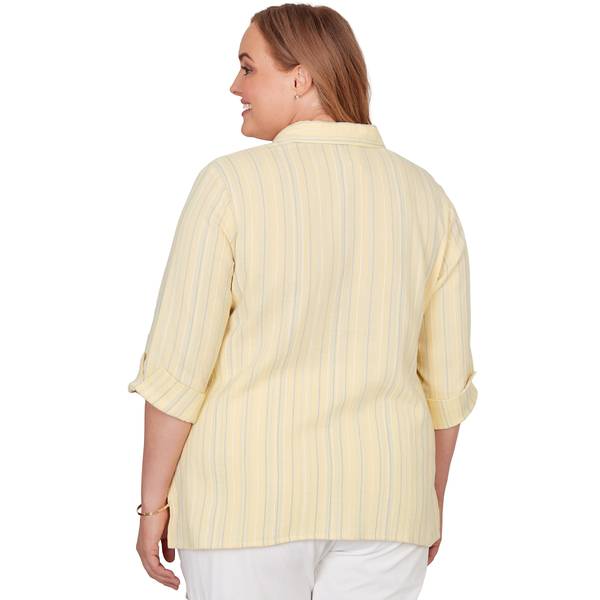 Alfred Dunner Women's Embroidered Daisy Stripes Button Front Top