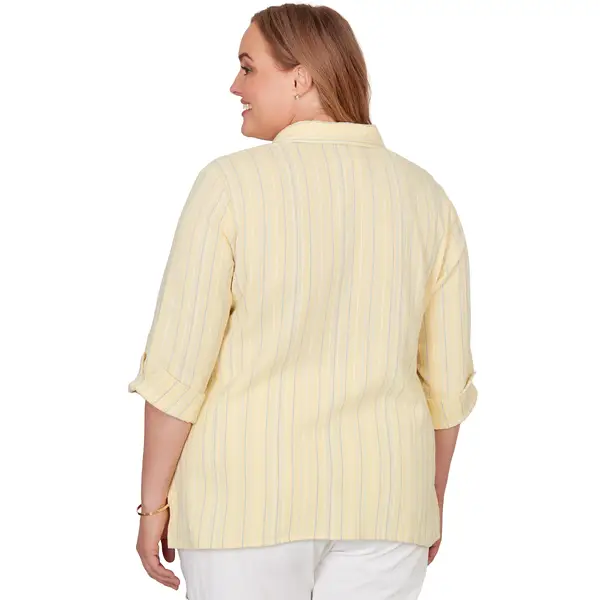 Alfred Dunner Women's Embroidered Daisy Stripes Button Front Top