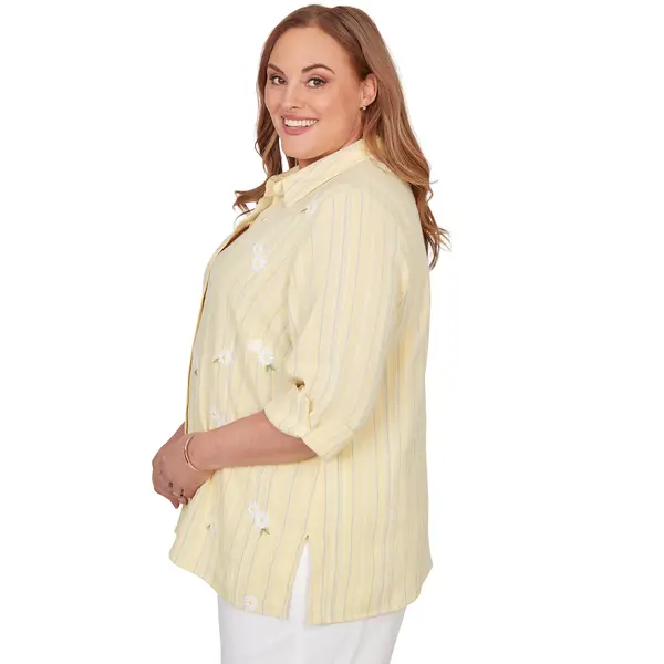 Alfred Dunner Women's Embroidered Daisy Stripes Button Front Top