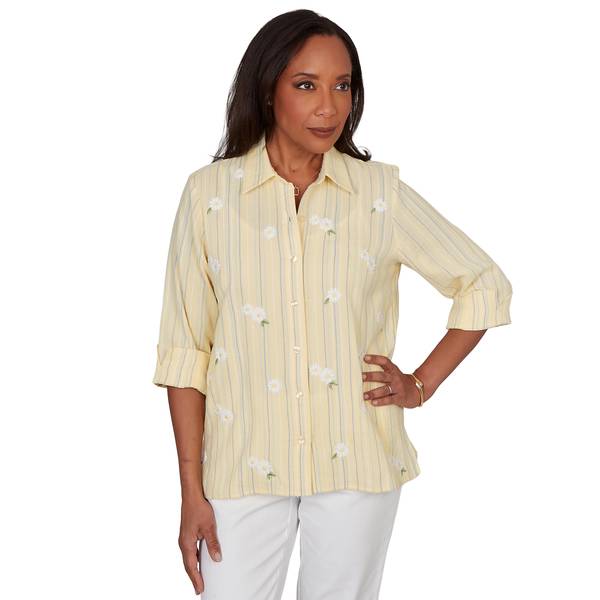 Photo of Women's Embroidered Daisy Stripes Button Front Top