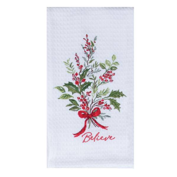 Photo of Believe Holly Berry Embroidered Waffle Towel