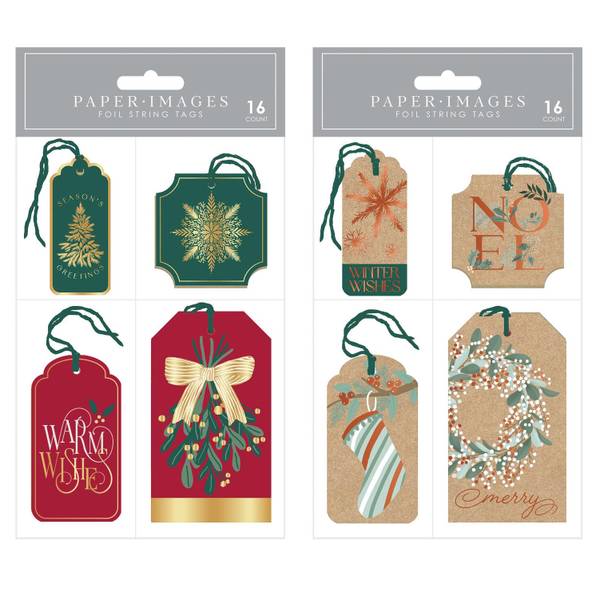 Photo of 16-Count Foil String Gift Tags, Kraft Holiday Assortment