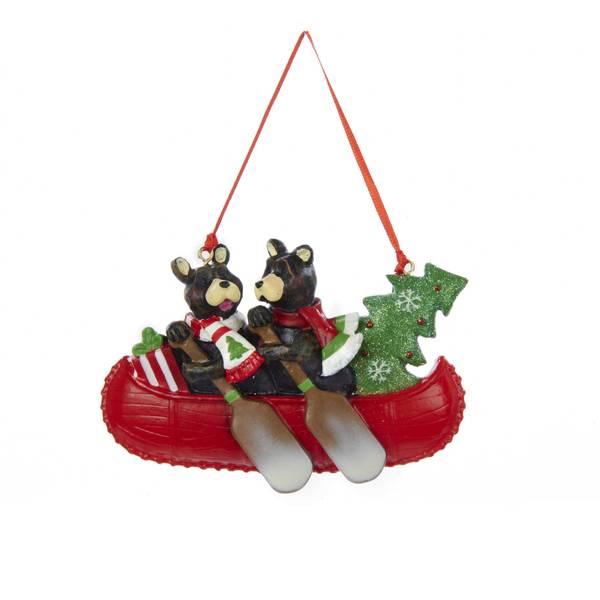 Kurt S. Adler Bear Family of 2 sitting in Canoe Ornament