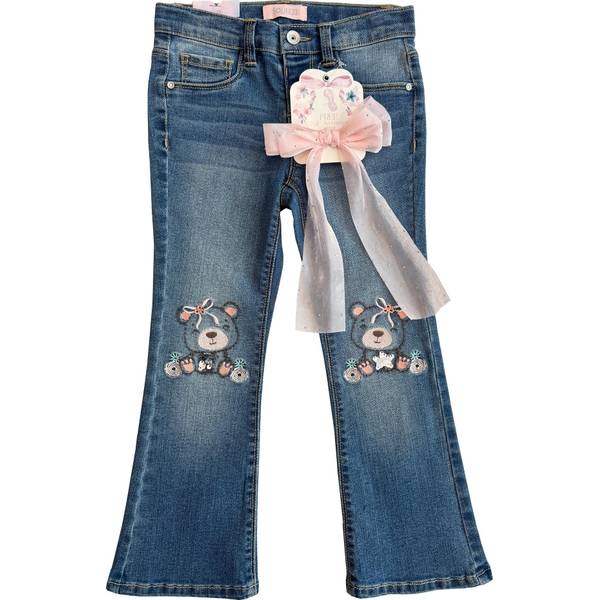 Photo of Girls' Medium Wash Flare Jean with Teddy Bear Embroidery