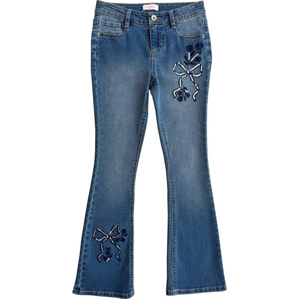 Squeeze Girls' Medium Wash Flare Jean with Floral Embroidery