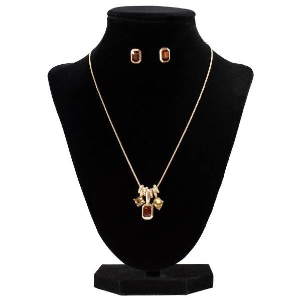 Photo of Women's Gold with Amber Stone Necklace and Earrings Set