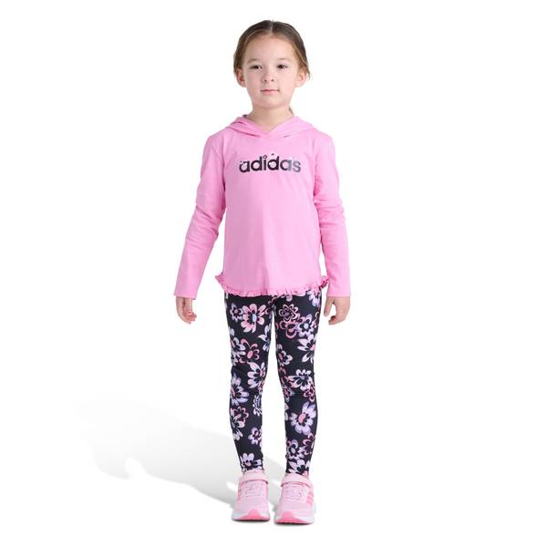 Photo of Girls' 2-Piece Pink Floral Long Sleeve Ruffle Hooded Top and Printed Legging Set