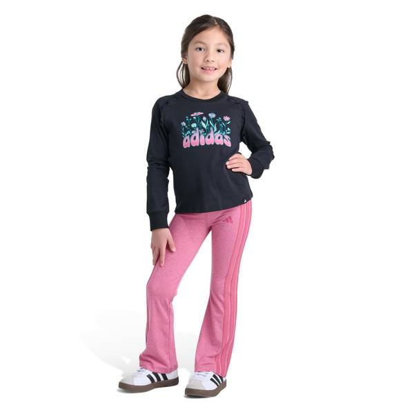 Photo of Girls' 2-Piece Black Long Sleeve Ruffle Raglan Tee and Pink Flare Leg Pant Set