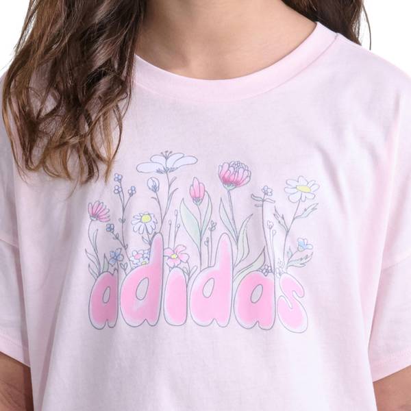 Adidas Girl's Pink Wildflower Short Sleeve Drop Shoulder Tee