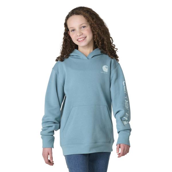 Carhartt Girl's Girls' Long Sleeve Hooded Logo Sweatshirt (ChildYouth) | Mineral Blue | XL Xc