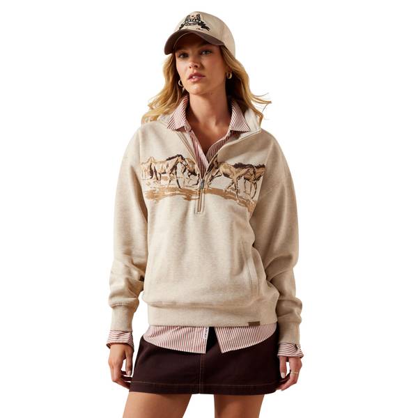 Women's Running Wild 1/2 Zip Sweatshirt in Oatmeal Heather Cotton/Polyester, Size: Large by Ariat
