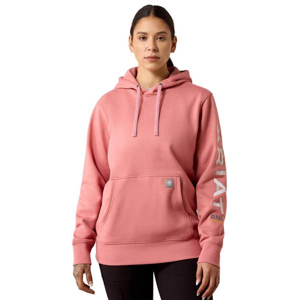 Women's Rebar Workman Graphic Hoodie in Dusty Rose Heather Cloud Grey, Size: 3X by Ariat
